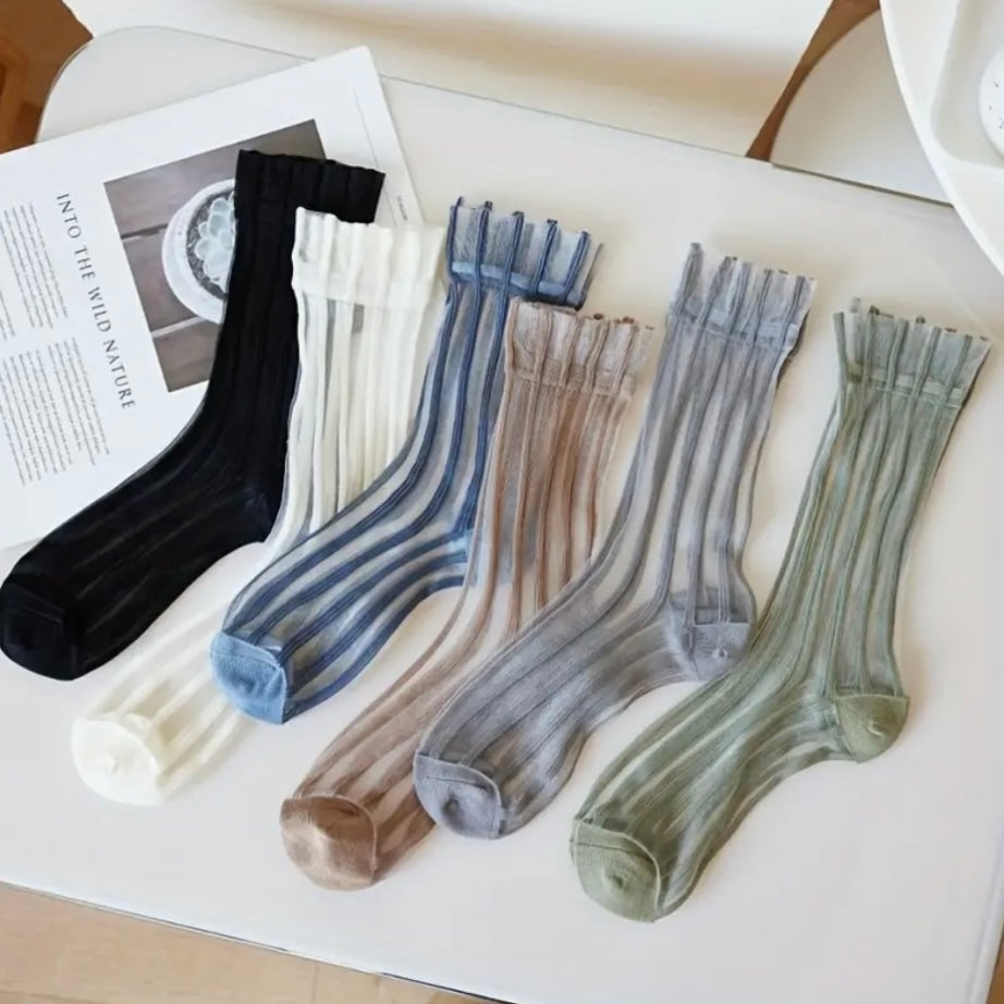 Ruffled sheer striped midi socks