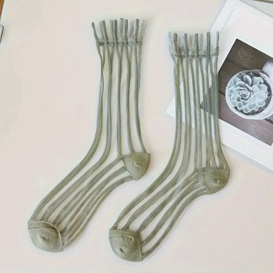 Ruffled sheer striped midi socks