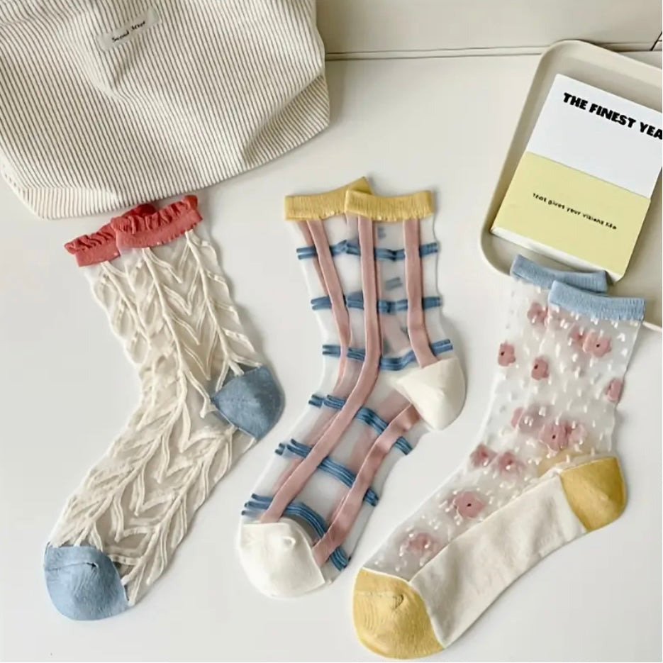 Floral, plaid and chevron sheer midi socks pack of 3