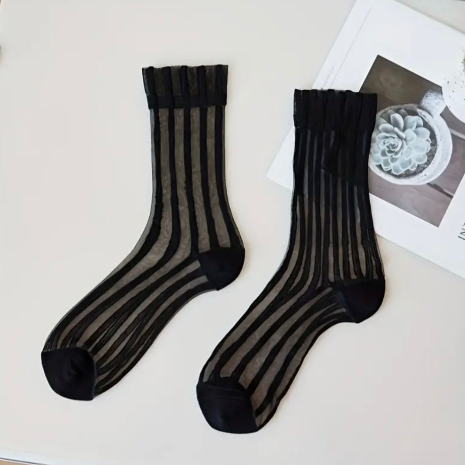 Ruffled sheer striped midi socks